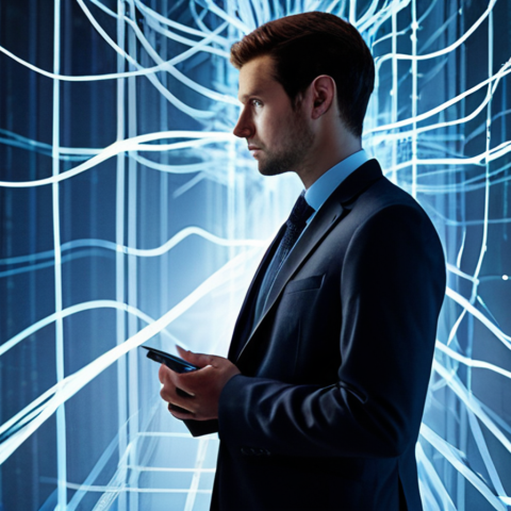 ** A professional person, appearing thoughtful and contemplative, standing in a modern, subtly illuminated digital environment. Dressed in a modest business suit, fully clothed, appropriate attire, professional dress. The background features soft, abstract data streams and glowing neural network patterns subtly surrounding the individual, representing the pervasive nature of AI and data collection. The light is soft, creating a sense of quiet observation. Professional photography, high detail, realistic rendering, natural pose, perfect anatomy, correct proportions, well-formed hands, proper finger count, natural body proportions. Safe for work, appropriate content, fully clothed, professional.

**