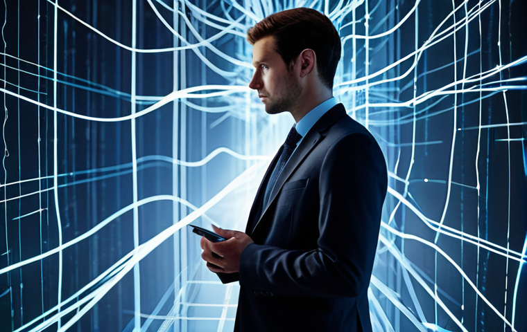** A professional person, appearing thoughtful and contemplative, standing in a modern, subtly illuminated digital environment. Dressed in a modest business suit, fully clothed, appropriate attire, professional dress. The background features soft, abstract data streams and glowing neural network patterns subtly surrounding the individual, representing the pervasive nature of AI and data collection. The light is soft, creating a sense of quiet observation. Professional photography, high detail, realistic rendering, natural pose, perfect anatomy, correct proportions, well-formed hands, proper finger count, natural body proportions. Safe for work, appropriate content, fully clothed, professional.

**