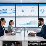 AI 윤리 가이드라인 - A modern corporate office setting in a Spanish city, featuring a diverse group of professionals&mdash;men ...