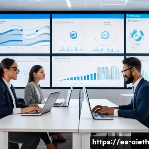 AI 윤리 가이드라인 - A modern corporate office setting in a Spanish city, featuring a diverse group of professionals&mdash;men ...