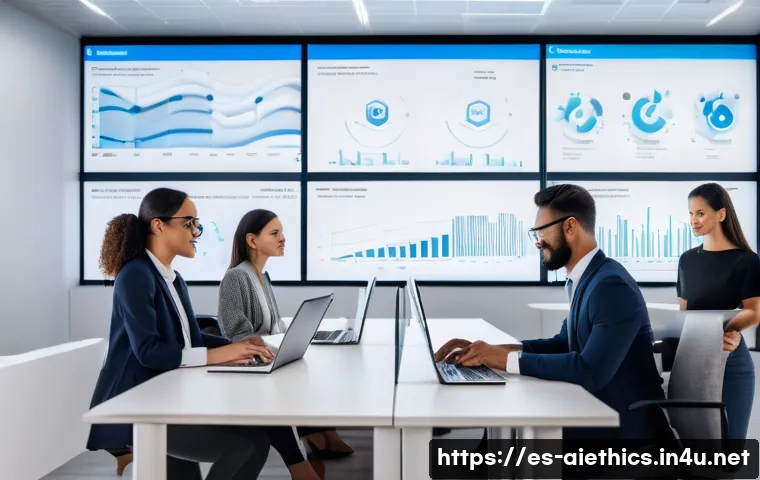 AI 윤리 가이드라인 - A modern corporate office setting in a Spanish city, featuring a diverse group of professionals—men ...