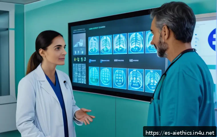 AI 윤리와 AI 윤리 사례 연구 - A modern Spanish hospital room with a diverse group of medical professionals using advanced AI diagn...