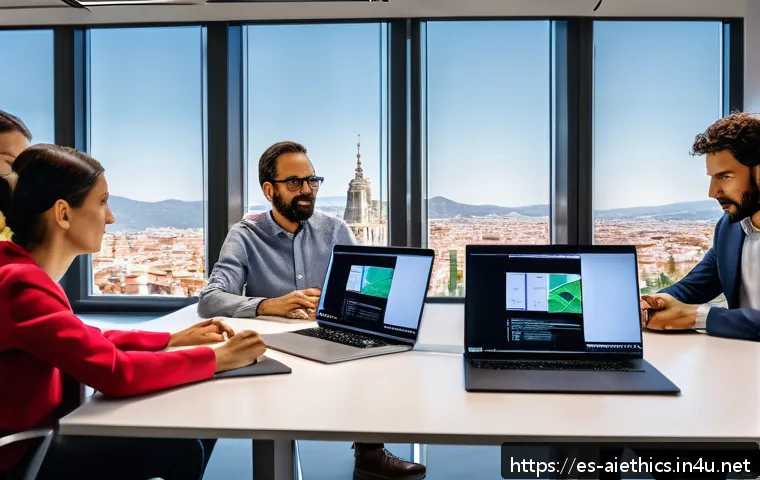 AI 윤리와 AI 사용 가이드 - A diverse group of Spanish-speaking professionals including data scientists, ethicists, and regulato...