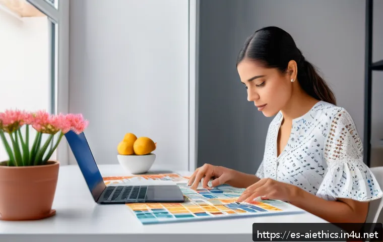 AI 윤리와 데이터 소유권 - A modern digital workspace scene featuring a young Hispanic professional woman sitting at a desk in ...