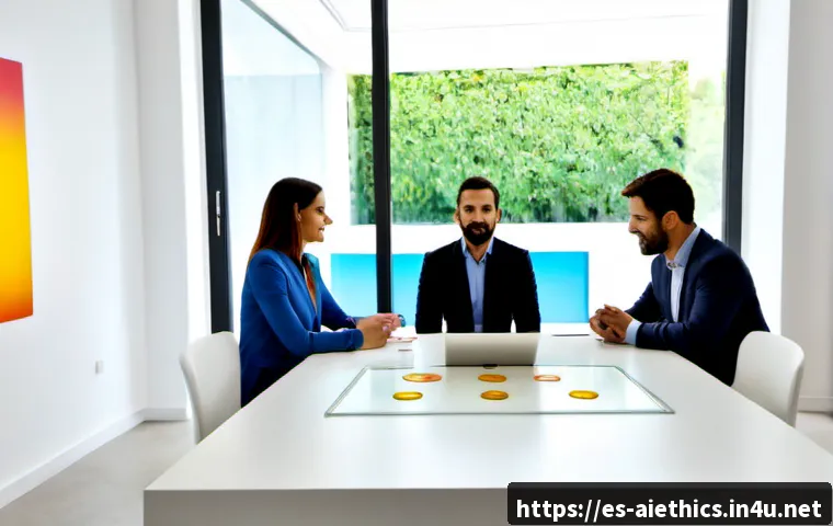 AI 윤리와 AI 윤리적 프레임워크 - Photorealistic ethical AI concept, diverse Spanish-speaking workplace team gathered around a clean c...