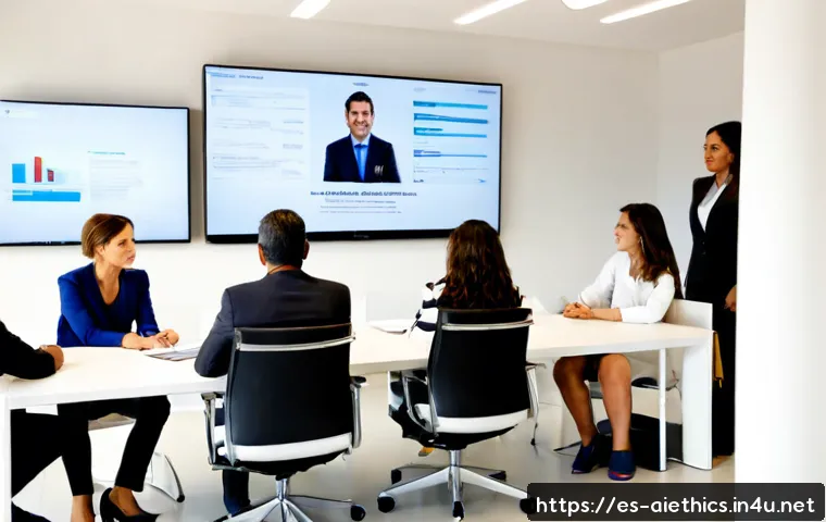 AI 윤리와 차별 방지 - Photorealistic workplace scene in Madrid, a diverse Spanish team of adults reviewing an AI hiring sy...